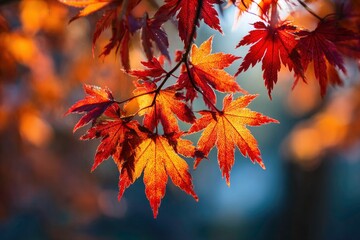 Close up of vibrant autumn maple leaves illuminated by soft sunlight