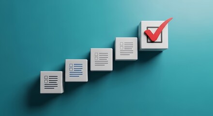 Checklist progress with a red checkmark on a teal background, symbolizing completion and success