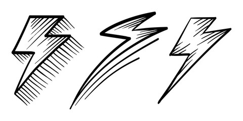 Set of Hand drawn electric lightning. Doodle thunderbolt and thunderstorm. isolated on white background. vector illustration