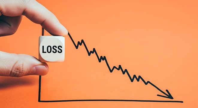 Hand holding a cube with the word loss on it, next to a downward trending graph on an orange background