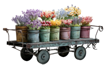 Flowers in buckets fill an old cart. Isolated image.