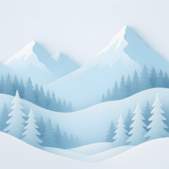 paper-cut layered mountains and pine forest in snow, pastel blue shades