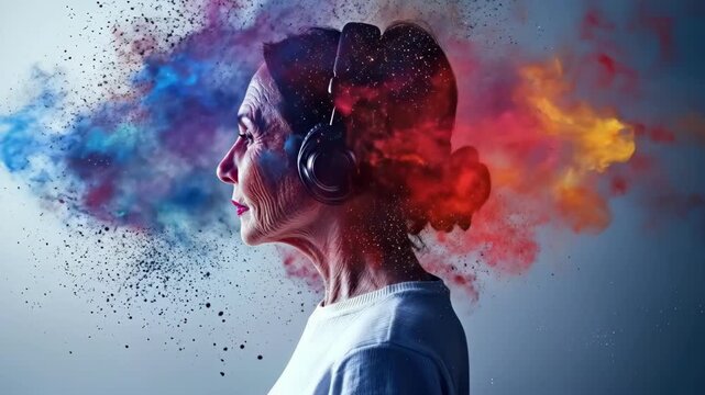 Elderly caucasian woman with headphones and exploding colors