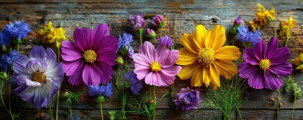 Wildflowers and wooden table background created concept. A colorful array of vibrant flowers on rustic wooden background.