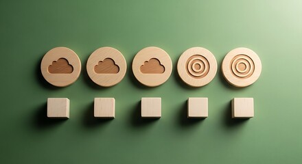 Wooden circles and cubes with cloud and target symbols on a green background, symbolizing data storage and targeting strategies