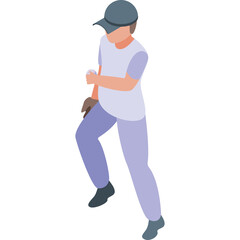 Isometric Baseball Player Wearing A Cap And Glove Running On Transparent Background With Light Purple Uniform And Dark Shoes