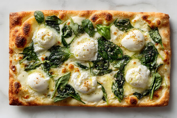 Rectangular Roman Style Pizza with Spinach, Ricotta and Fresh Herbs on a Marble Surface