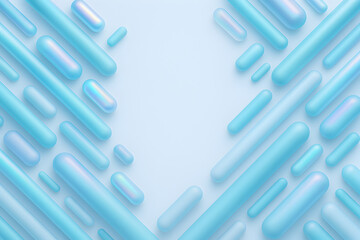 abstract 3D capsules and tubes flowing diagonally, holographic gradient highlights, winter cool tones