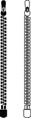 Zipper Icon Set, Fastener, Slider, and Zip Symbol Collection and Group, Clothing, Bag, and Textile Accessory Vector Fashion Tool, Sewing, Tailoring, Lock, and Stitch Design in Black Flat and Line Styl