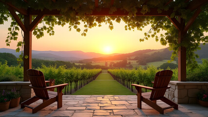 Obraz premium Serene Vineyard Vista: Relaxing Chairs Overlooking Sunset Scenery and Mountain Backdrop