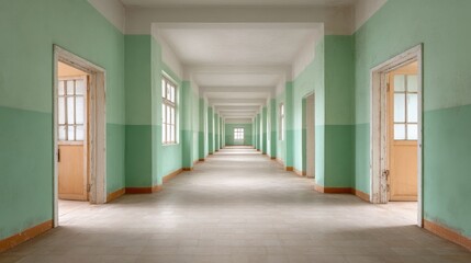 Serene Empty Hallway with Green Walls and Open Doors Leading to Unexplored Spaces in a Tranquil Environment
