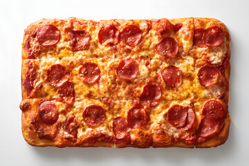 Delicious full rectangular pizza with pepperoni slices and melted cheese on white background