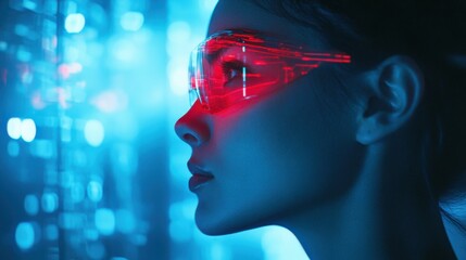 Woman wearing futuristic glasses looking at digital interface in a vibrant, neon-lit environment during nighttime