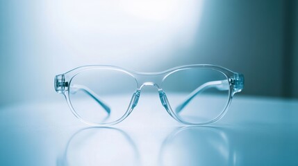 Clear safety glasses displayed on a polished surface under soft lighting in a minimalistic setting