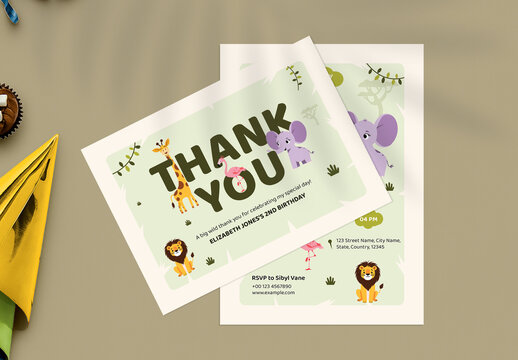 Cute Safari Jungle Animals Thank You Card and Birthday Invitation Template with Illustration