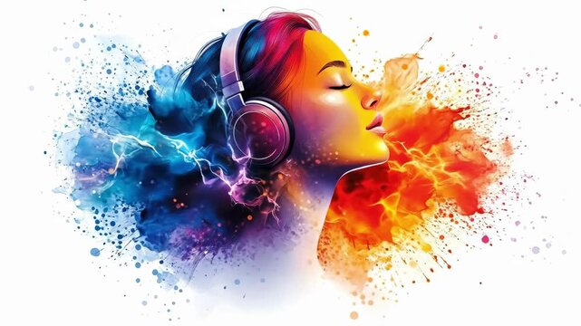 Young woman enjoying music with colorful headphones and vibrant artistic background