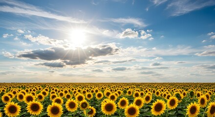 Field of sunflowers under a bright sky