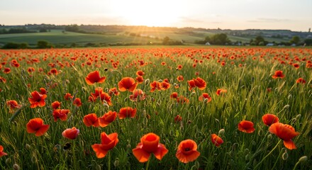 Field of red poppies at sunset