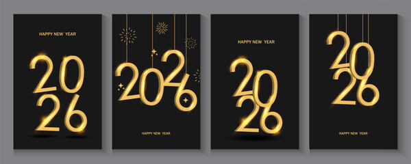  New Year 2026 logo design template with numbers and typography   for Merry Christmas. 2026 gold hanging on black background.
Creative concept for branding, calendar, greeting card, banner, poster. 