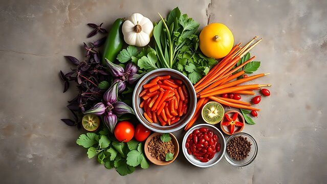 Fresh Asian ingredients are beautifully arranged on a stone surface, showcasing vibrant herbs and spices.