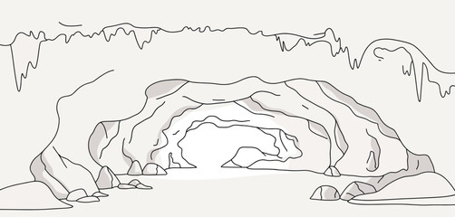 Hand drawn sketch of a cave entrance with stalactites and stalagmites