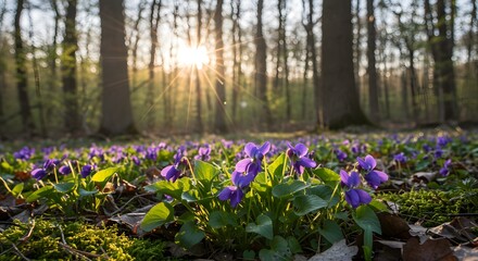 Forest floor with purple flowers at sunset