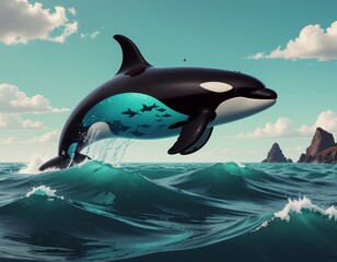 Obraz premium Majestic Orca Whale Breaching in Ocean with Coastal Landscape