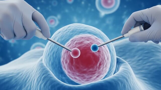 Microscopic view of scientists manipulating human cells with specialized tools in a laboratory setting.
