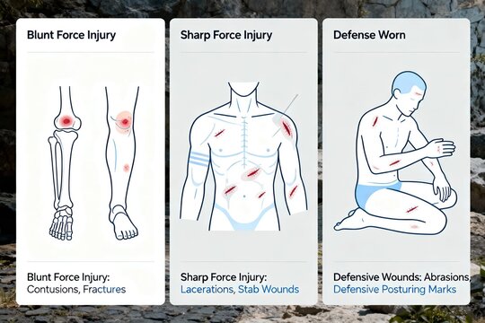 Blunt force, sharp force, and defensive wounds on victim�s body, each with labeled example diagrams in medical style