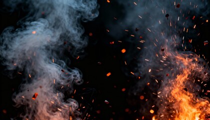 Dynamic explosion of fire and smoke isolated on a black background, with glowing sparks, embers, and hot flames clashing with cool vapor, for dramatic abstract overlay effect.