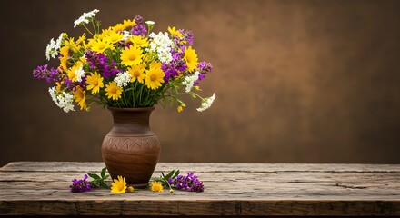 Vibrant flowers in vase on wooden table