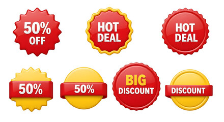 Collection of red and yellow discount labels on white background