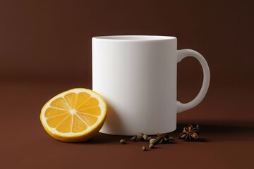 White mug with lemon and cardamom on clean brown background perfect for minimal branding herbal tea visuals and product mockups