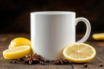 White mug with lemon slices and star anise on rustic wood background perfect for tea branding herbal drink visuals and seasonal beverage ads