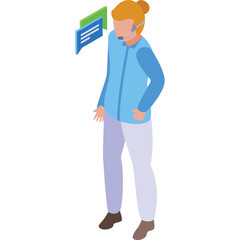 Isometric blonde woman with headset and speech bubbles in light blue shirt and grey pants representing communication and customer service on white background