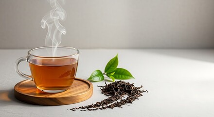 A steaming cup of hot black tea on a wooden coaster with fresh green leaves and dried tea leaves scattered on a light surface.
