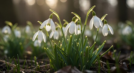 White snowdrop flowers sunlight nature scene