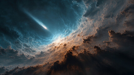 A comet streaks through space forming an infinity loop with its glowing tail, symbolizing eternity, cosmic motion, energy, and the endless flow of time in a dynamic and celestial scene