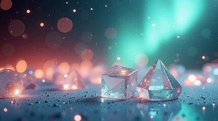 Magical christmas village scene with aurora borealis and festive lights isolated on transparent background