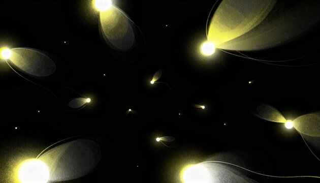 Magical glowing fireflies swarm flying in the deep dark night sky, an enchanting and serene background illustration of bioluminescent lightning bugs with light trails.