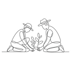 Continuous one line drawing of two people watering a plant in a pot. Green world environment day concept illustration.