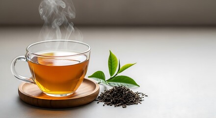 Steaming hot tea in a clear glass cup with fresh and dried tea leaves on a light background.