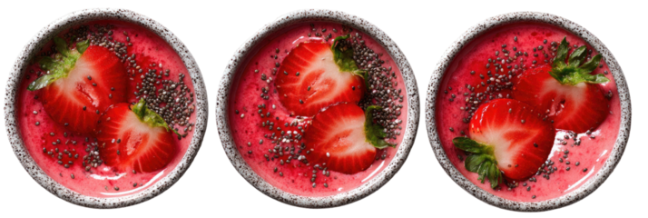 Strawberry smoothie bowls with chia seeds, overhead view