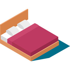 Isometric bed with wooden frame and pink blanket two white pillows cast a teal shadow on a white background a simple and clean bedroom illustration