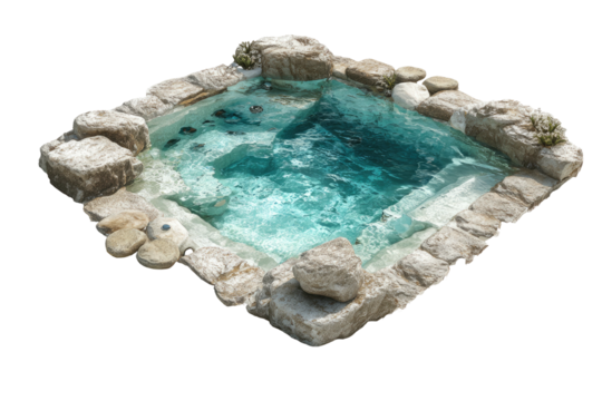 Stone-edged, crystalline water pool, rocky border