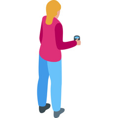 Isometric blonde woman holding a blue cup and wearing a pink top and light blue pants standing against a white background
