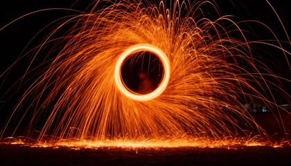 Stunning fire portal effect from spinning steel wool, a glowing orange circle with light trails from long exposure photography at night, abstract background for energy, magic, and sci-fi concepts.