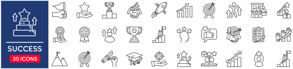 Success set of web icons in line style. vector illustration concept relate to purpose, target, goal, competition, strategy, man, hand, symbol, quality
