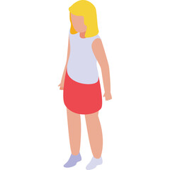 Isometric Blonde Girl Wearing a White Sleeveless Shirt and Red Skirt Standing on a Transparent Background