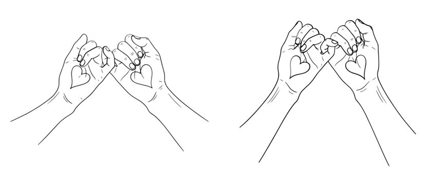 Two hands making a pinky promise with hearts on the fingers, symbolizing love, friendship, and commitment
